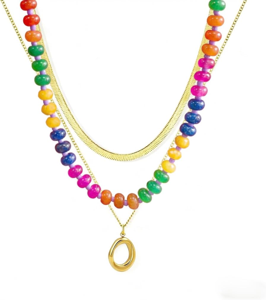 Gmai Layered Beaded Necklace for Women Colorful Trendy Snake Chain Circle Pendant Choker Gold Chain Adjustable Length Bohemian Rainbow Stackable Necklaces Jewelry Gift