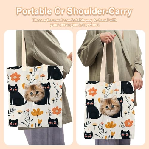 Sac de transport en toile imprimé fleurs chats noirs pour balades urbaines et visites