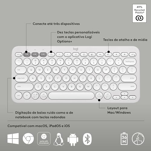 Teclado sem fio Logitech Pebble Keys 2 K380s com Conexão Bluetooth Easy-Switch e Pilha Inclusa - Compatível com PC, Mac, Chro