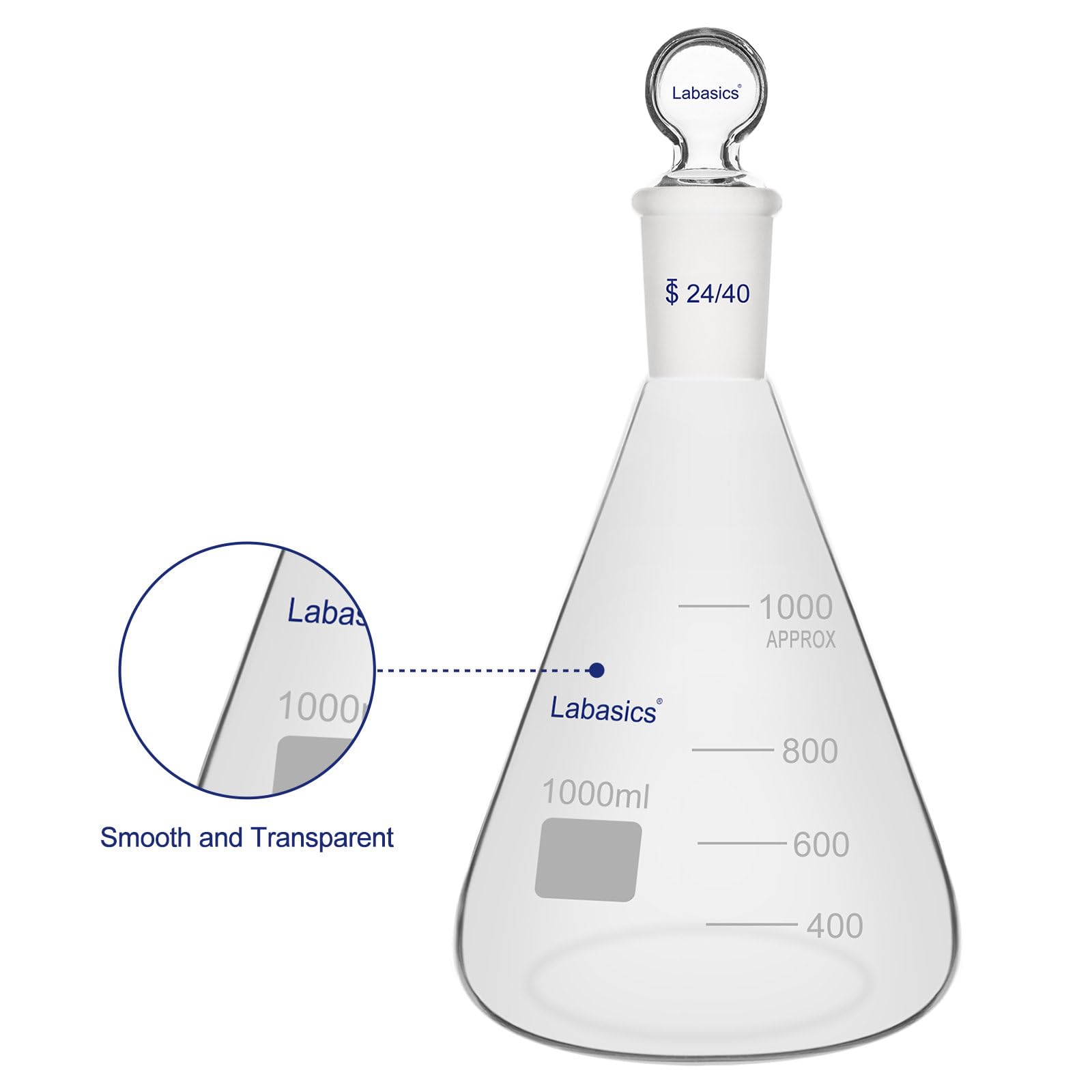 Labasics Matraz Erlenmeyer de Vidrio Borosilicatado con Tapón de Junta 24/40, Matraz Cónico para Mezcla y Almacenaje de Reactivos de Laboratorio, 1000 ml