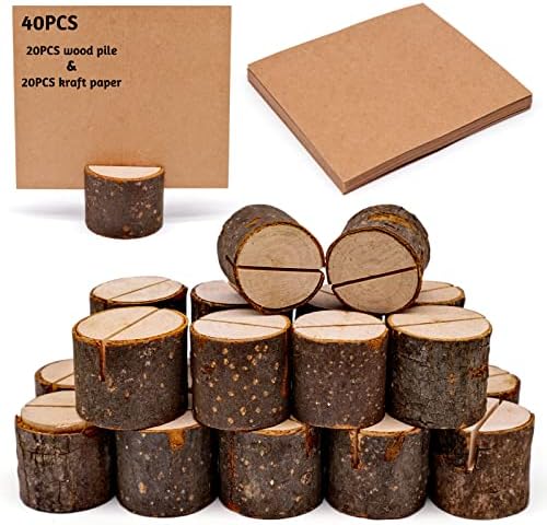 BLLREMIPSUR Rustic Real Wood Base, Place Card Holders with Wooden Bark Table Card Holder, Number Photo Stand Place Name Memo Card Holder for Wedding Party Decoration (20 Holders+20 Kraft Paper)