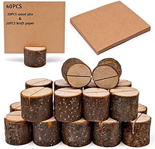 BLLREMIPSUR Rustic Real Wood Base, Place Card Holders with Wooden Bark Table Card Holder, Number Photo Stand Place Name Memo Card Holder for Wedding Party Decoration (20 Holders+20 Kraft Paper)