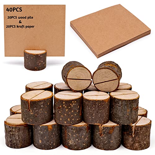 BLLREMIPSUR Rustic Real Wood Base, Place Card Holders with Wooden Bark Table Card Holder, Number Photo Stand Place Name Memo Card Holder for Wedding Party Decoration (20 Holders+20 Kraft Paper)