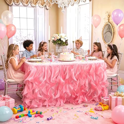 Image of Luxury Organza Mesh Table Skirt Draping Floating Romance - Perfect for Bridal Showers, Birthday Weddings - Clear Flowing Decoration for a Wonderful Main Cake Table (Watermelon Red-6ft, 72 inchLx30 inchH)