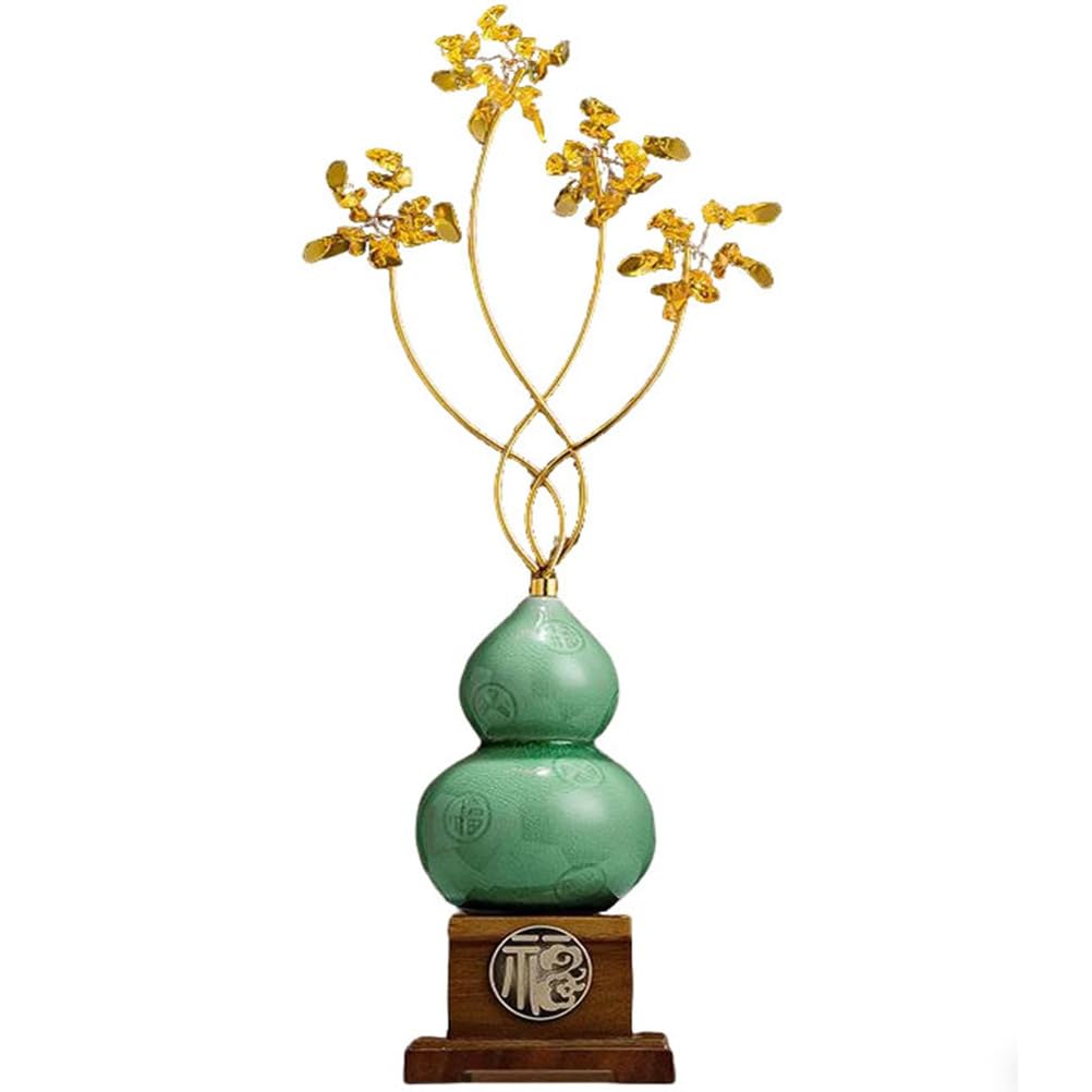 Posąg tykwy na szczęście Feng Shui, ozdoba rękodzieła ceramicznego, ręcznie robiona rzeźba do wyposażenia wewnętrznego stołu Dekoracja półki na książki domu Bezpieczeństwo Zdrowie,Green