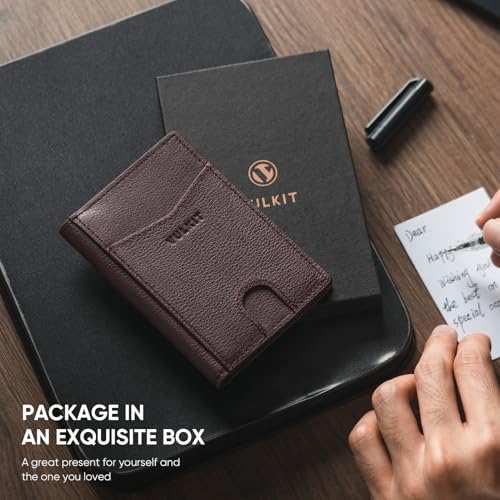 Image of VULKIT Bifold Front Pocket Slim Wallet RFID Blocking Minimalist Thin Genuine Leather Credit Card Holder Wallet for Men and Women Litchi Espresso