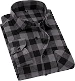 Cromoncent Mens Fashion Button-Down Plaid Flannel Long Sleeve Shirt Grey Black 3X-Large