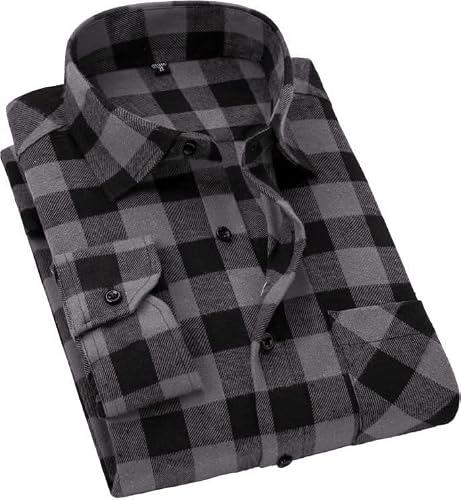 Cromoncent Mens Fashion Button-Down Plaid Flannel Long Sleeve Shirt Grey Black 3X-Large #TOP18