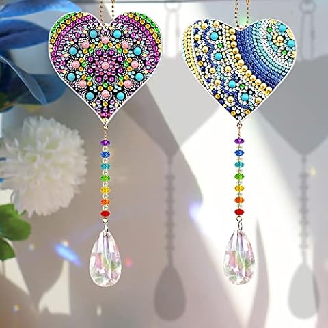 2Pcs DIY Diamond 5D Painting Suncatchers Crystal Wind Chimes Prism Hanging Ornaments Diamond Art Sun Catchers for Windows Home Garden Decor (Heart) Cover