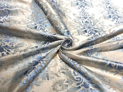 Tissu Dupioni broderie soie au mètre de largeur 111,8 cm motif floral bleu