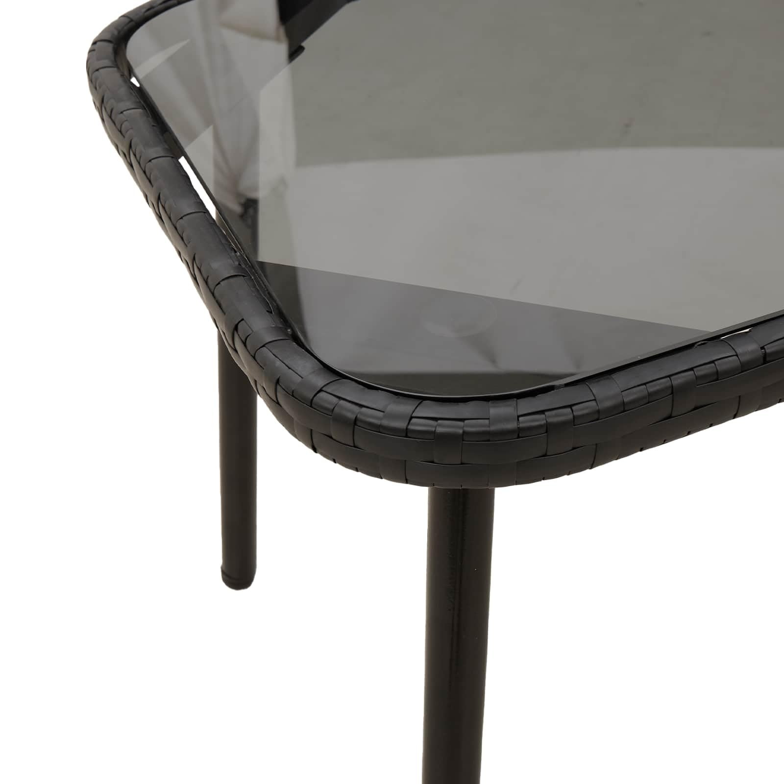 Stolik kawowy, czarny, polirattanowy, 90 x 45 x 43 cm, odporny na warunki atmosferyczne, do ogrodu, na taras, balkon, idealny jako stolik pomocniczy, stół wypoczynkowy ze szklanym blatem i