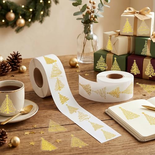 Image of Foil Christmas Tree Stickers - 1000 Pcs Easy Peel Metallic Tree Waterproof Vinyl Reusable Laptop Self Adhesive Stickers Classroom Prizes Water Bottle Page Activity Pad Party Favors Skateboard