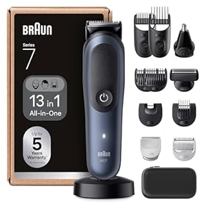 Braun All-in-One Series 7, 13-in-1 Multigroom, Barttrimmer, Nasenhaartrimmer, Haarschneidemaschine für Gesicht, Kopf und Körper, 120 Min Akku, 14 Längen (3–21 mm), Wasserdicht, AIO7565, Blau
