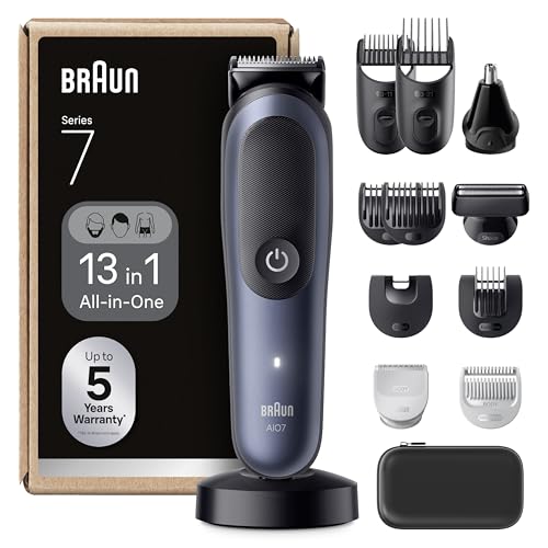 Braun Recortadora Todo En Uno Series 7 AIO7565, Kit De Styling 13en1 Para Barba, Pelo, Orejas, Nariz y Cuerpo, 14 Longitudes, 120 Min De Autonomía, Cortapelos Hombre Con Lámina Ultra Afilada, Azul