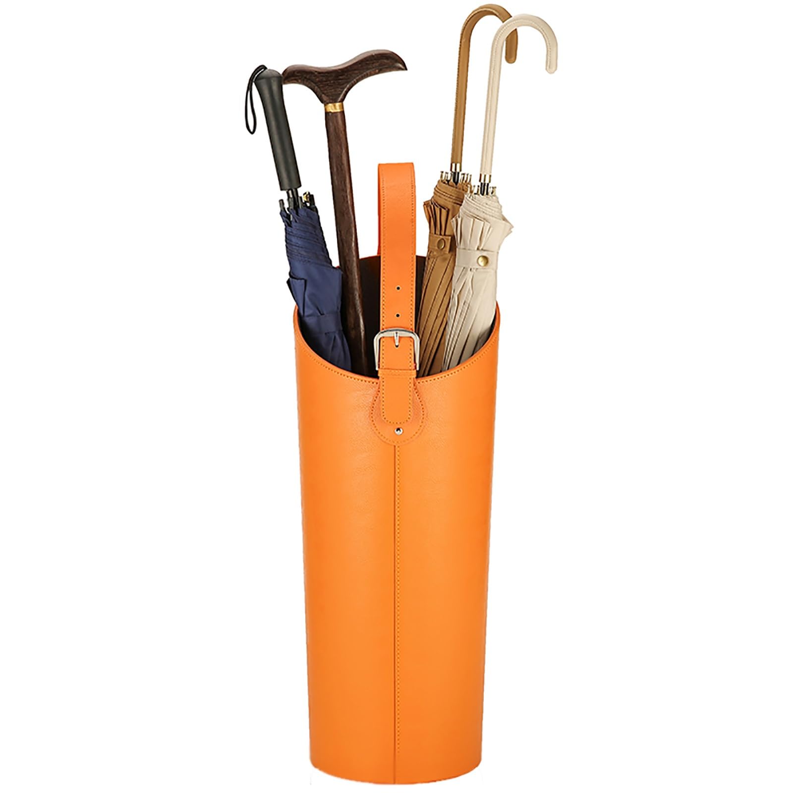 WQPMNYG Leather Umbrella Stand with Large Capacity for 5 10 Long Umbrellas Drip Tray Hooks for Entrances Decks Garages Office Orange 20X57cm/7.9x22.4in