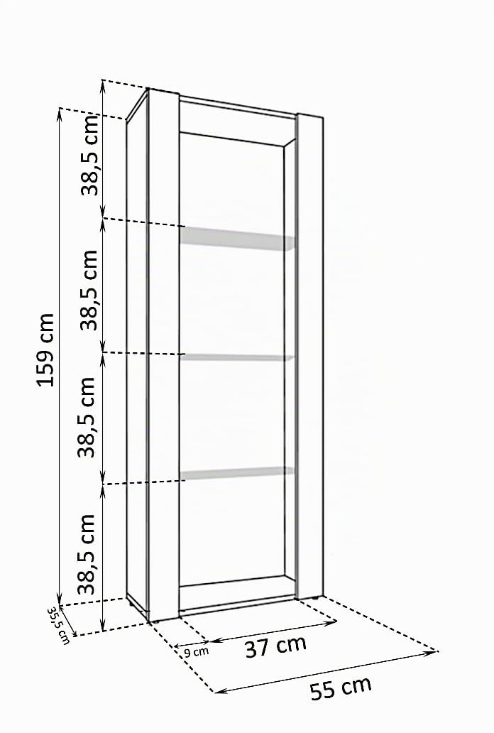 Komodee, Vetrina Tivoli, Bianco, Larghezza 55 cm x Altezza 159 cm x Profondità 35 cm, LED BLU, 3 ripiani, Per soggiorno, Camera da letto, anticamera