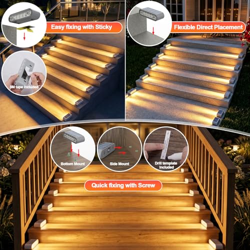 XILLUMI CORE Solar Step Lights for Outside, 6-Pack Stair Light Outdoor Waterproof IP67, 14 LED Warm White Light Solar Powered Lighting for Steps, Stairs, Deck，Patio, Walkway, Front Porch Decor by XILLUMI CORE - Used condition - Image 2