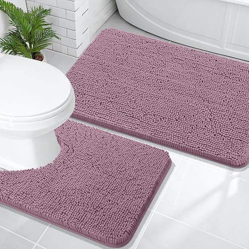 Image of OLANLY Bathroom Rugs Sets 2 Piece, Soft Absorbent Chenille Bath Mats and U-Shaped Contour Toilet Mat Area Rug Set, Machine Washable Bath Carpet, Home Decor Accessories(36 inchx24 inch+24 inchx20 inch, Deep Plum)