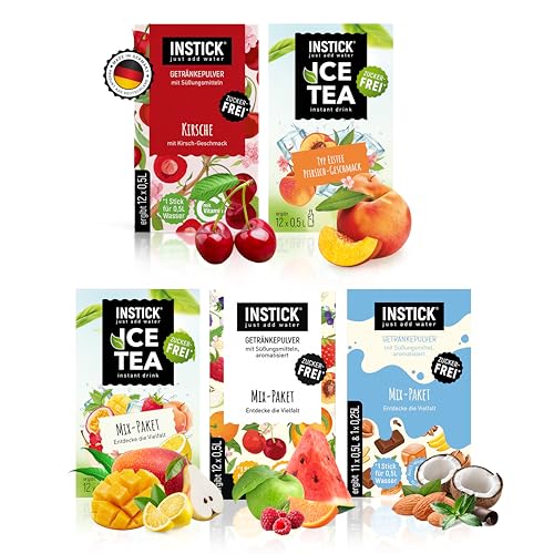INSTICK Zuckerfreies Instant-Getränk (Bundle Bunte Vielfalt) verschiedene Sorten 5x12 Sticks - 1 Stick für 0 5-1 L - Veganes Getränkepulver Kalorienarm & Vitamin C - Instant-Pulver