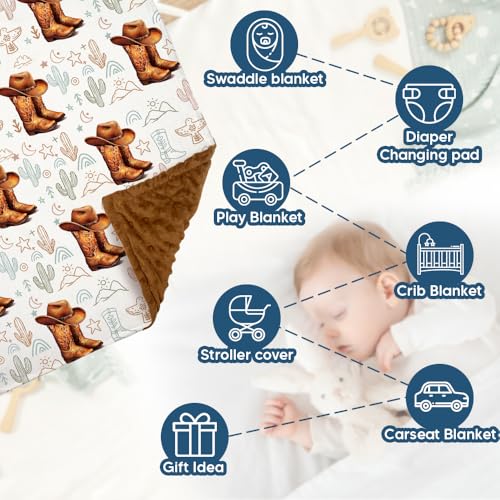 Image of Western Baby Blanket, Cowboy Minky Blankets for Boys Girls, Nursery Room Decor, Soft Warm Lightweight Nursery Bed Blanket for Newborn Toddlers Son Daughter (01)