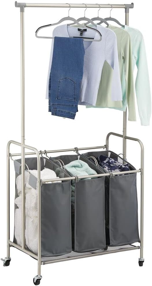 mDesign Portable Laundry Sorter with Wheels and Garment Hanging Bar - Heavy Duty Metal Cart System with 3 Hamper Laundry Sorter Basket Organizers and Drying Rack - Satin/Dark Charcoal Gray