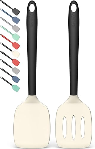 Miniatura 10 de Coukre Juego de 2 Espátulas de Silicona, Resistente al Calor Alto, Libre de BPA, Espátula de Cocina, Volteador Sólido y Ranurado para Sartenes negro