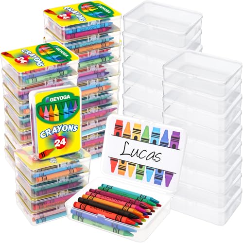 Image of Geyoga 24 Set /576 Pcs 24 Colors Plastic Crayon Boxes with Crayon Bulk | 4.5 x 3.3 x 1.2 Inches Crayon Organizer Case, Stackable Crayon Storage with Name Tags, Back to School Essentials Party Favors