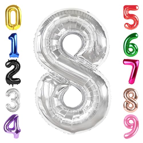 Image of 40 Inch Silver Number 8 Balloon Birthday Party Decorations for Men & Women | 40 Inch Silver inflatable foil number balloons, large birthday decorations for 8th birthday