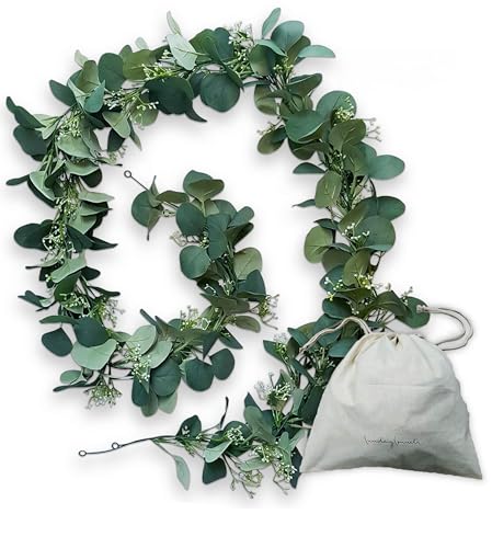 Artificial Eucalyptus Garland 2pack - 6.1 FT Faux Silver Dollar Green & Seeded Greenery Garlands - Silk Eucalyptus Leaves, Vines For Wedding Backdrop - Fake Party Décor