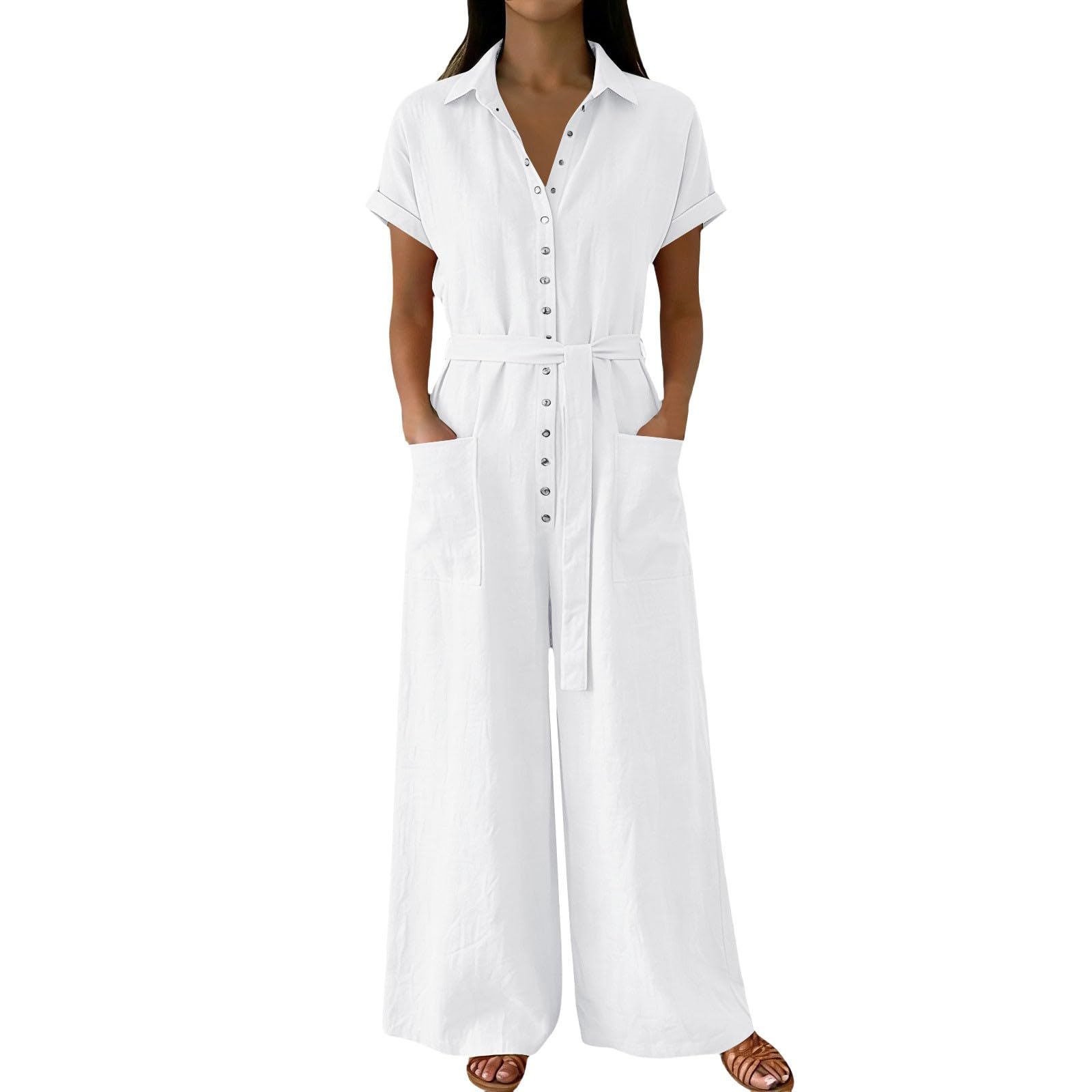 Jumpsuit Damen Sommer Baumwolle Overall Revers Knöpfen Hosenanzug Mit