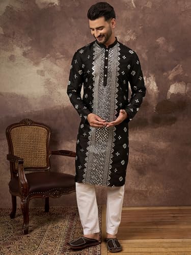 Image of Men's Solid Calf Length Silk Blend Embroidered Kurtas | Men | Kurtas for Mens | Straight Fit Kurta for Men's