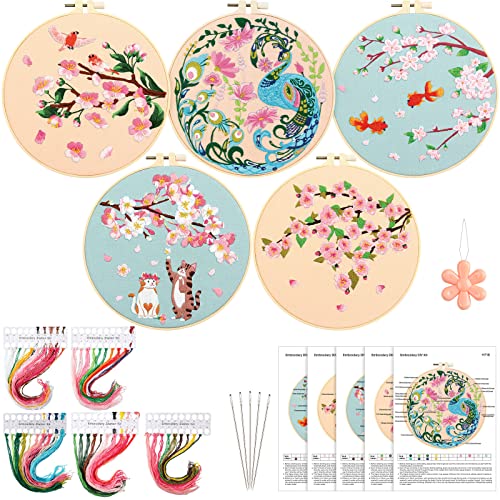 Yinder 5 Sets Floral Embroidery Kit for Beginners Adults Flower Embroidery Starter Cross Stitch Kits with Flower Stamped Patterns and Instructions Include Hoop Threads Needles Fabric for Art Starter
