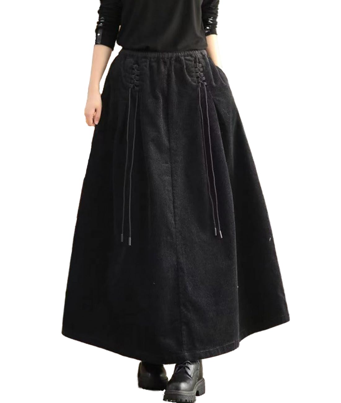 Femiserah Womens Corduroy Long Skirt Elastic High Waist Drawstring Tie Front A-Line Pleated Long Skirt with Pockets