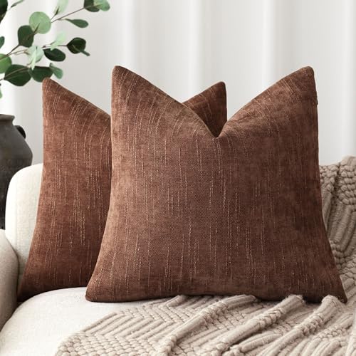Image of Foindtower Pack of 2 Soft Textured Chenille Throw Decorative Pillow Covers Square Accent Solid Cushion Cover Cozy Neutral Farmhouse Pillow Case for Couch Sofa Bedroom Living Room 18x18 Inch,Red Taupe