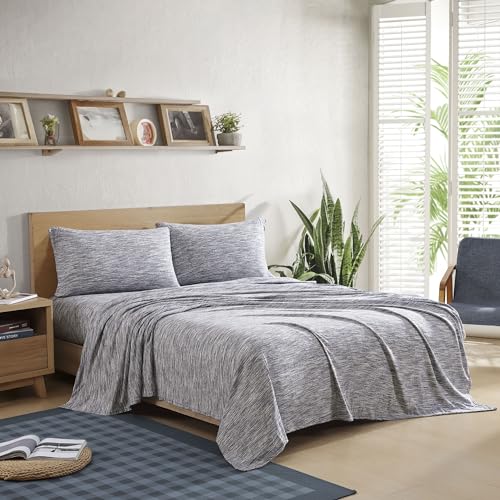 Brielle Home Juego de sábanas de algodón de Punto Jersey como el de una Camiseta, Transpirable, Suave, tamaño Individual, Jaspeado Azul Oscuro