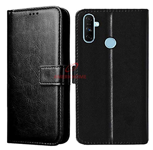 Image of Inside Rubber TPU with Card Pockets Magnetic Closure Protection Compatible with Realme Narzo 20A, Narzo 10A (Black)