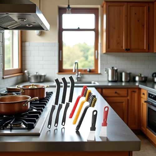 Image of 8Pcs Multicolour Kitchen Stove Cleaning Brush+Heavy Duty Scraper Tool Set for Gas Burners Cooktop Pot Pan Brass,Stainless Steel and Nylon Brush Head Brushes for Range Hood Grease Grime,Cleaning Tools