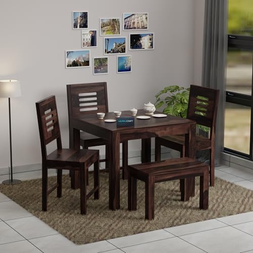 Image of MURALICRAFT Wooden Dining Table 4 Seater | Dinner Table, 3 Chairs & 1 Bench | Four Seater Dinning | Solid Wood Sheesham, Walnut Finish