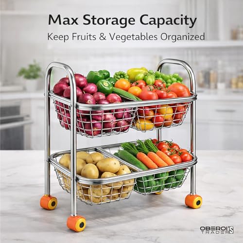 Image of OBEROI'S TRADERS Stainless Steel Vegetable & Fruit Storage Rack with Wheels, Kitchen Storage Basket Organizer, Rust Proof Stand for Onion, Potato, Fruits & Vegetables Trolley (2 Rack with 4 Partition)