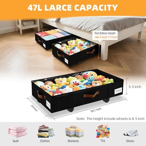 Image of Under Bed Storage with Wheels,Underbed Storage with Sturdy Sidewalls /Bottom, Clear Cover, Label and PU Handle, Rolling Under Bed Drawers for Clothes, Shoes, 6.5 Inch Height,Black, 2 Pack