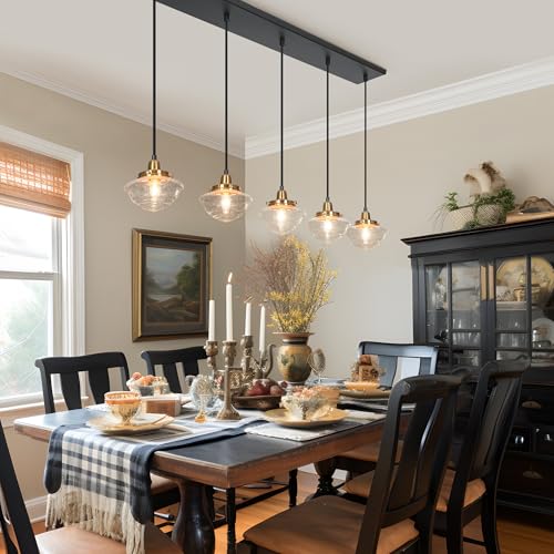 GEPOW Black Gold Kitchen Island Lighting, Modern 5 Lights Adjustable Linear Chandeliers Over Table, Farmhouse Dining Room Pendant Light Fixtures with Seeded Glass Shade, 44" Length by GEPOW - Used condition - Image 5