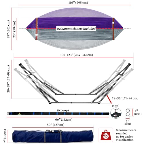 Image of Tranquillo Combo x2 Hammocks with Stand for Outside & Tree Straps, Heavy Duty Hammock with Stand 600lbs for Indoor Outdoor Patio Backyard, x2 Hammocks for 2 Person (Combo - Purple, Medium)