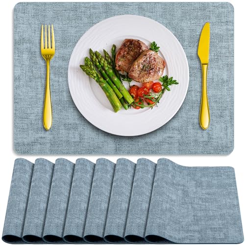 Placemats Set of 8 Washable, Heat Resistant Table Placemats Wipeable Faux Leather Place Mats Non Slip, Waterproof Square Table Mats for Indoor Outdoor, Light Blue