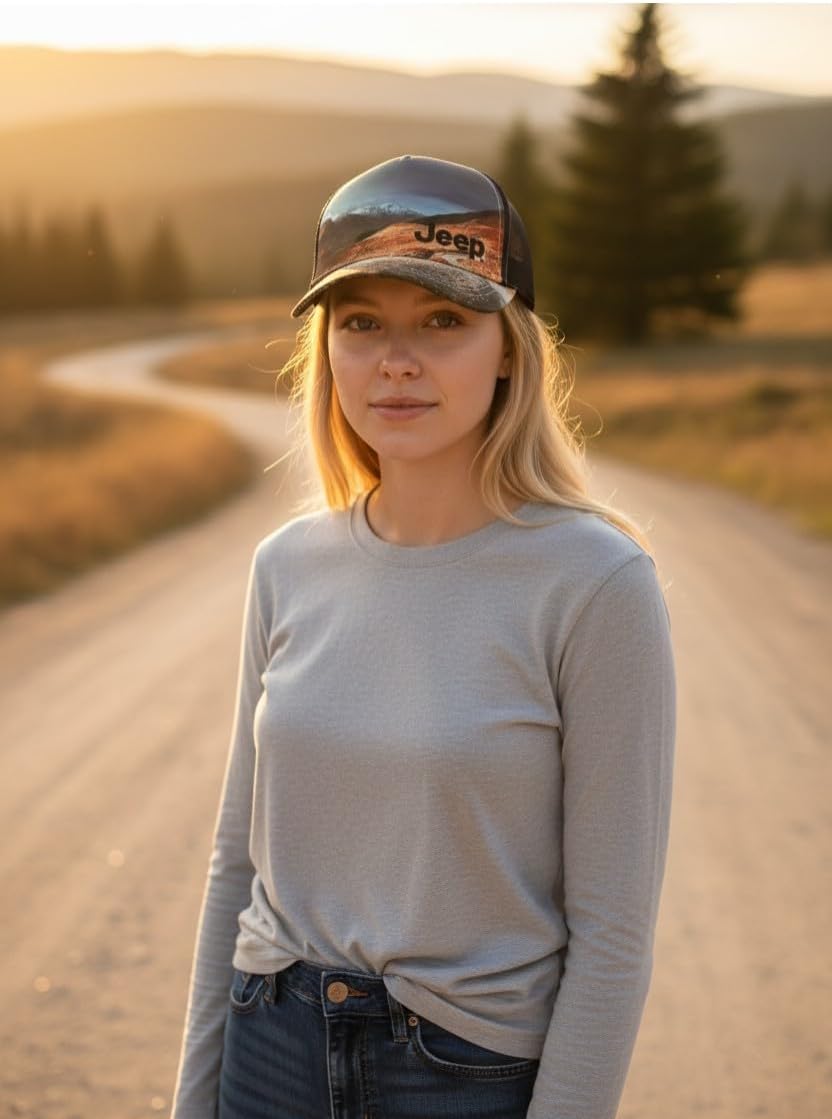 Jeep Mojave Desert Landscape Trucker Hat – Dye Sublimation Scenic Mountain Print Adjustable Snapback Cap