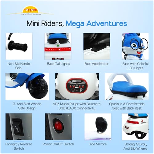 Image of Toyzone Bunny Electric Scooter - Blue | Rechargeable Scooty 6V | Powered by 4.5 ah Battery | Music Player with Bluetoooth & USB | 6 Month Warranty on Battery | Make in India | for Kids 2+ Years
