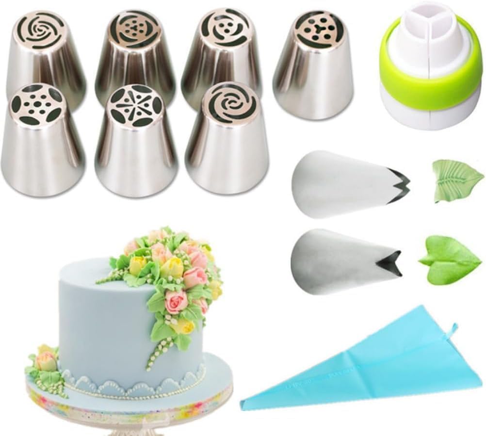 Piping Tips Set Icing Piping Tips Set Stainless Steel Russian Nozzle Piping Tips with Silicone Pastry Bag Star Tube Set