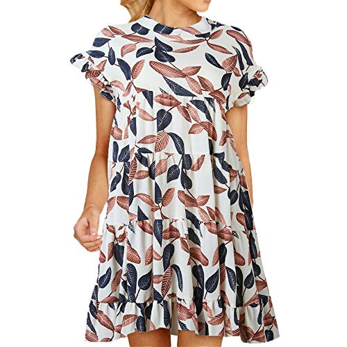 Joteisy Womenâ€™s O Neck Ruffle Short Sleeve Tiered Casual Mini Dress (XL, White Leaf)