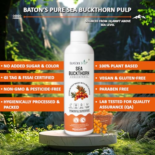 Image of BATON Himalayan Sea Buckthorn Pulp 300ml | 12x Vitamin C for Skin Glow & Immunity | Pure Ladakh Berry concentrate | Omega 3,6,7,9 & 190+ Nutrients | Gut Health | No Sugar | Natural Superfood (300ml Pack 2)
