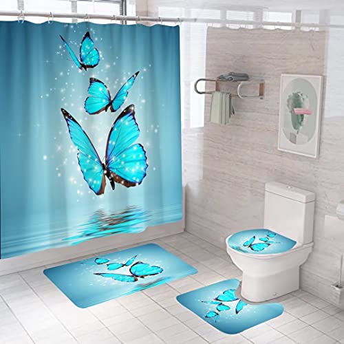 TOENIO Duschvorhang Anti-Schimmel, Schmetterlingsserie Bad Vorhang Set 180x180cm Wasserdicht Shower Curtain mit rutschfeste Badematte U-Kontur Teppich Toilettendeckelabdeckung 12 Hakens