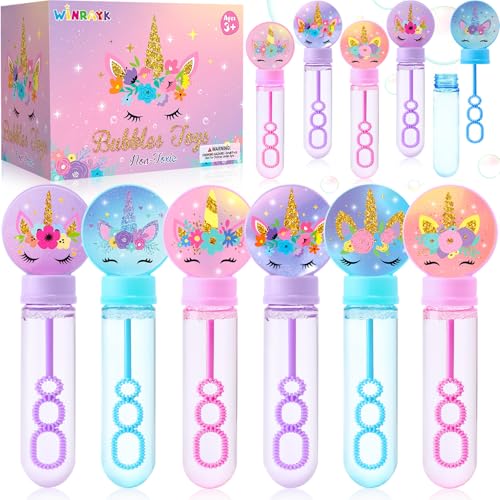 Winrayk 24 varitas grandes de burbujas de unicornio con caja de regalo, recuerdos de fiesta de unicornio para niños, burbujas pastel a granel (6 estilos y 3 colores), relleno de piñata, relleno de